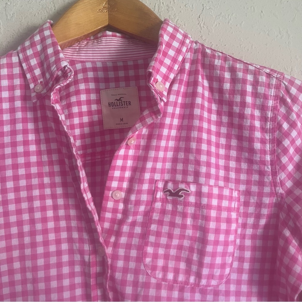 Y2k Pink Gingham Print Button Down By Hollister - image 4